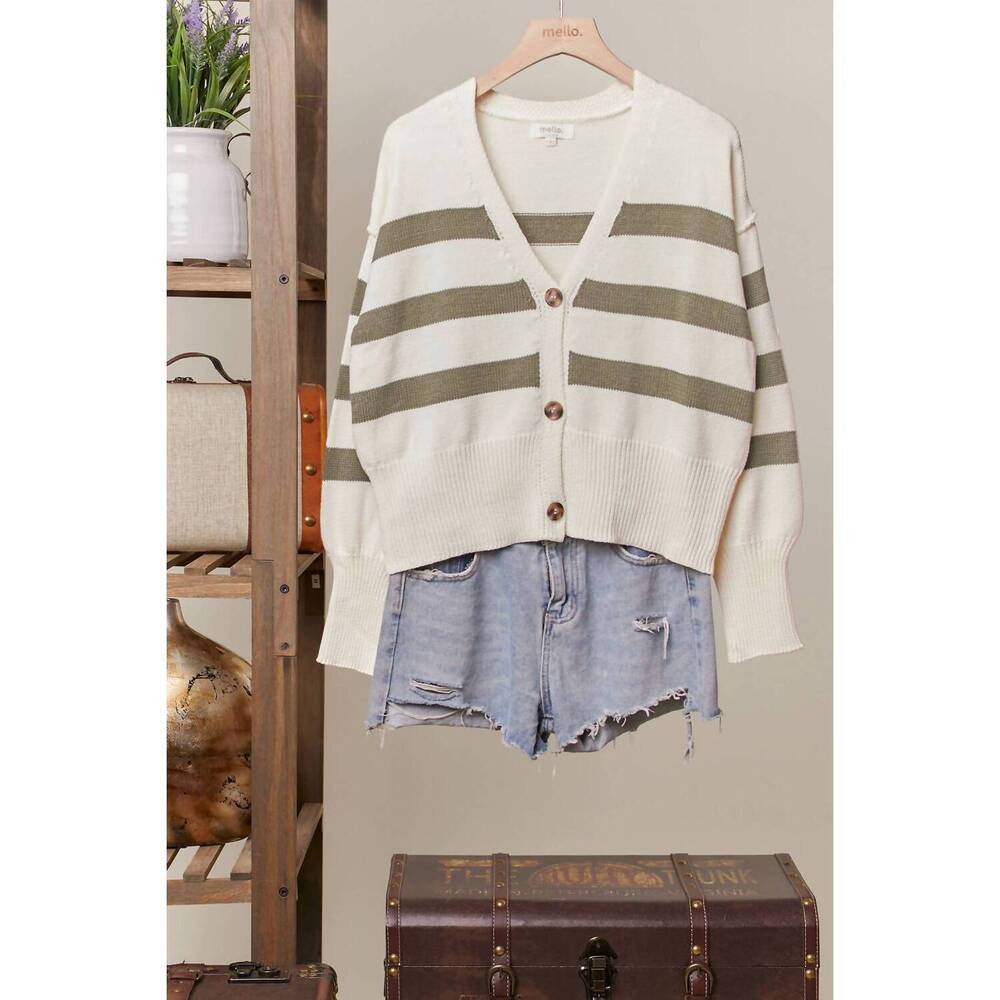 NEW MELLO women's striped v-neck knit cardigan in ivory